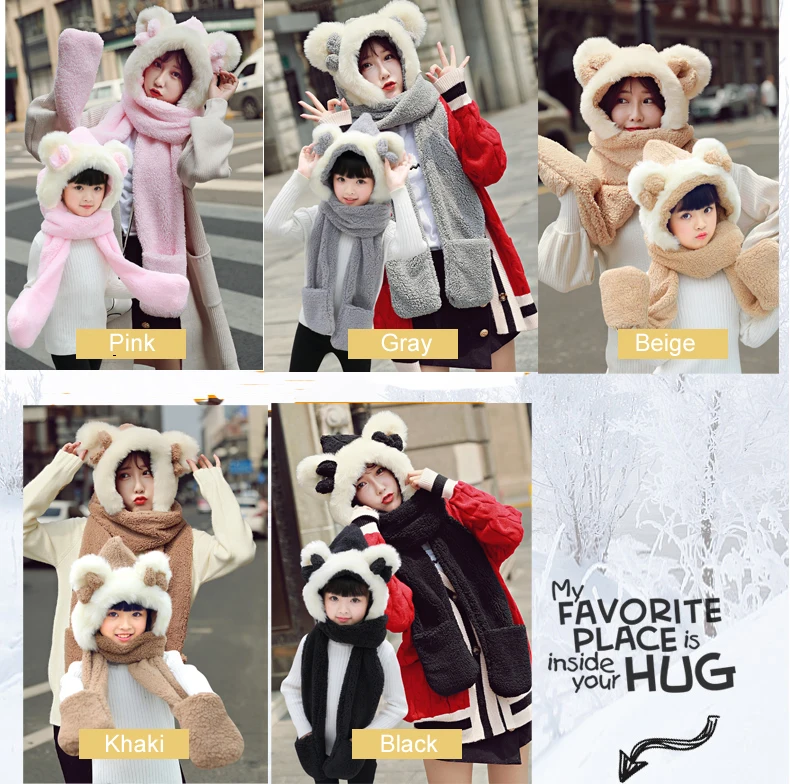 

Lovely Winter Hats For Girls Boys Children Winter Cap Cartoon Animal Ear Neck Protect Thick Velvet Warm Baby Hats Gloves Set