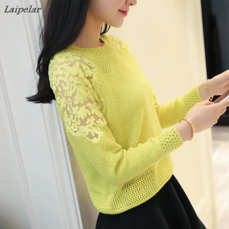 Женская ажурная трикотажная рубашка с длинными рукавами и кружевным воротником