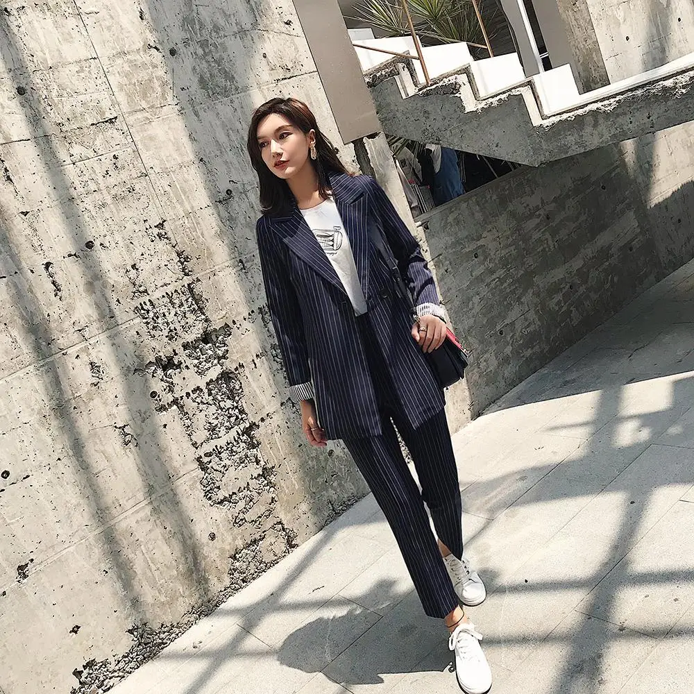 Женский блейзер и брюки элегантный деловой костюм в полоску с длинным рукавом