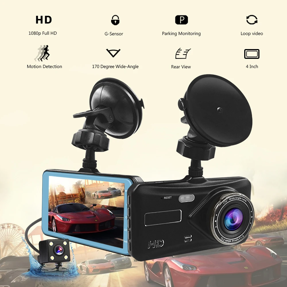 Автомобильный видеорегистратор 4 &quotips Двойной объектив FHD 1080 P 170 градусов Dashboard