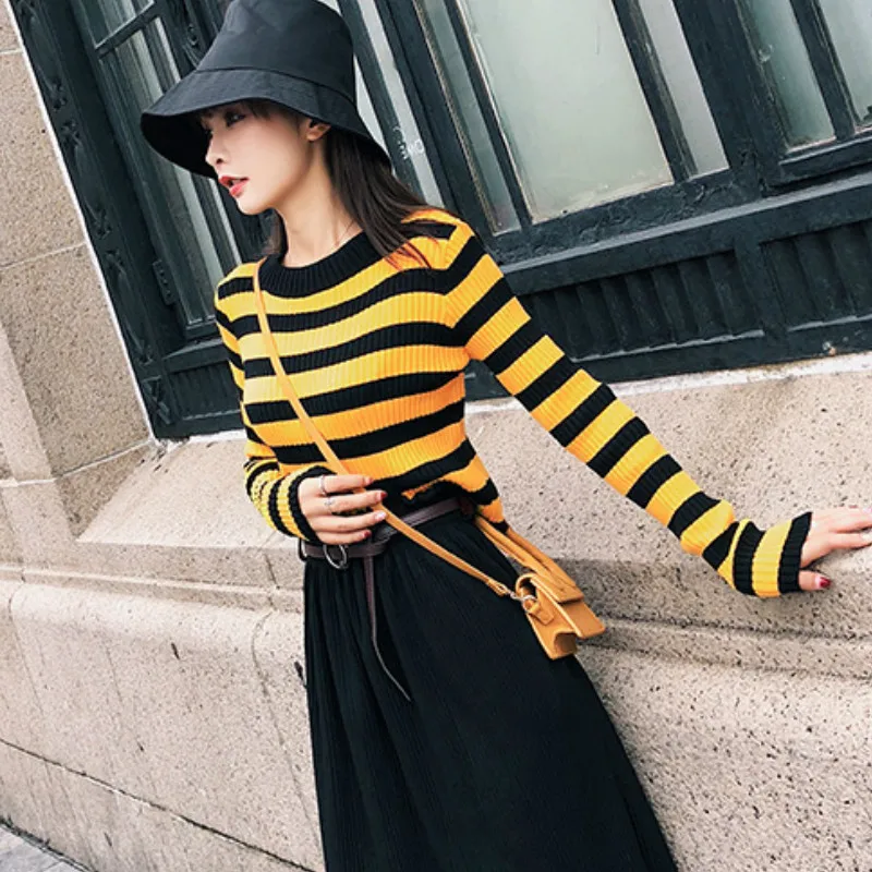 2018 Autumn New Korean Version of The Striped Sweater Female Slim Bottoming Knit Top sweaters | Женская одежда