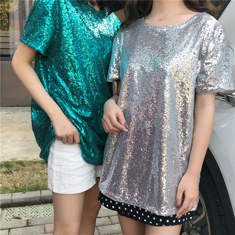 Футболка Для женщин Harajuku личность блестки дикий с круглым вырезом и короткими