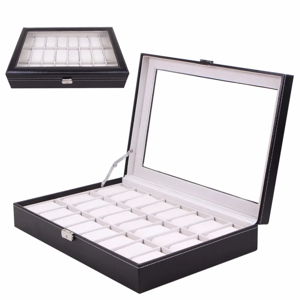 24 Grid Watch Box Case Holder Glass Pillow Organizer Classical Black Leather Wristwatch Storage Case Foam Pillow Transparent
