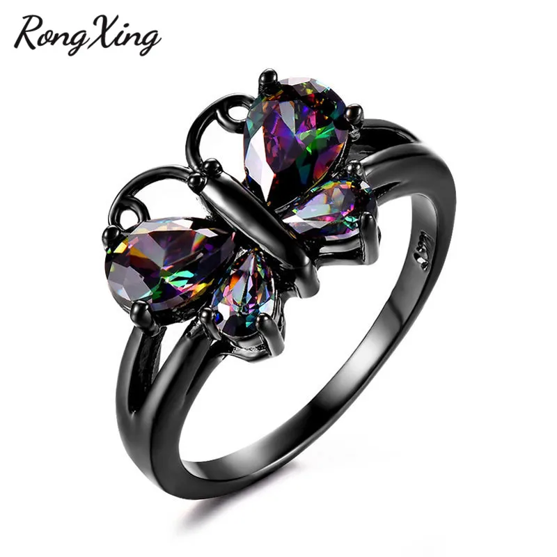 RongXing Мистик Радуга Циркон Бабочка Кольца для женщин 925 серебро/Черное золото Заполненные разноцветный камень кольцо ювелирные изделия из кристаллов - Цвет основного камня: Black
