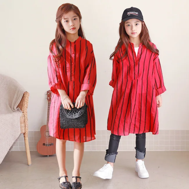 

2018 Spring Girls Dress Casual Style Long Sleeve Red Dress Cute Baby Girl Clothes Stirped Dress for Kids Clothes