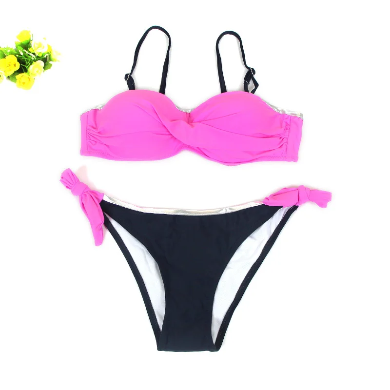 C16155 Rose Red Push Up Sexy Bikini Swimwear Women New Large Size Halter Swimsuit Bikini Brazilian Beachwear Bathing Suit Women Two Pieces - Цвет: C16155 Rose Red