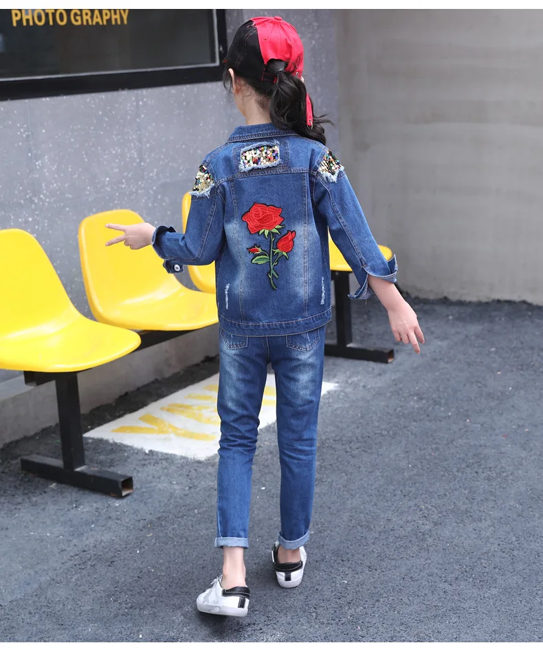 

Teenage Clothes Set for Girls Jacket + Pants 2pcs Denim Suit Children Spring Autumn Embroidery Clothing Sets 4-14 YGirls Outfits