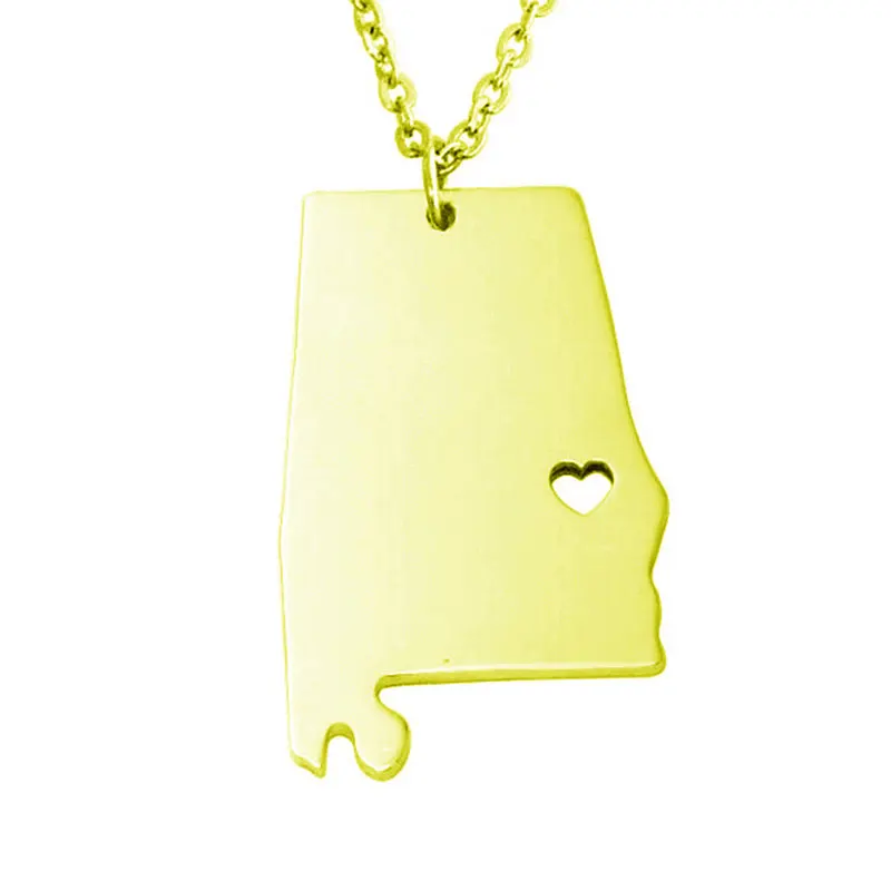 

Alabama Map Necklace Stainless Steel Alabama Map Heart Pendant Necklace Women Fashion Map Memorial Jewellery Gift 12pcs/lot