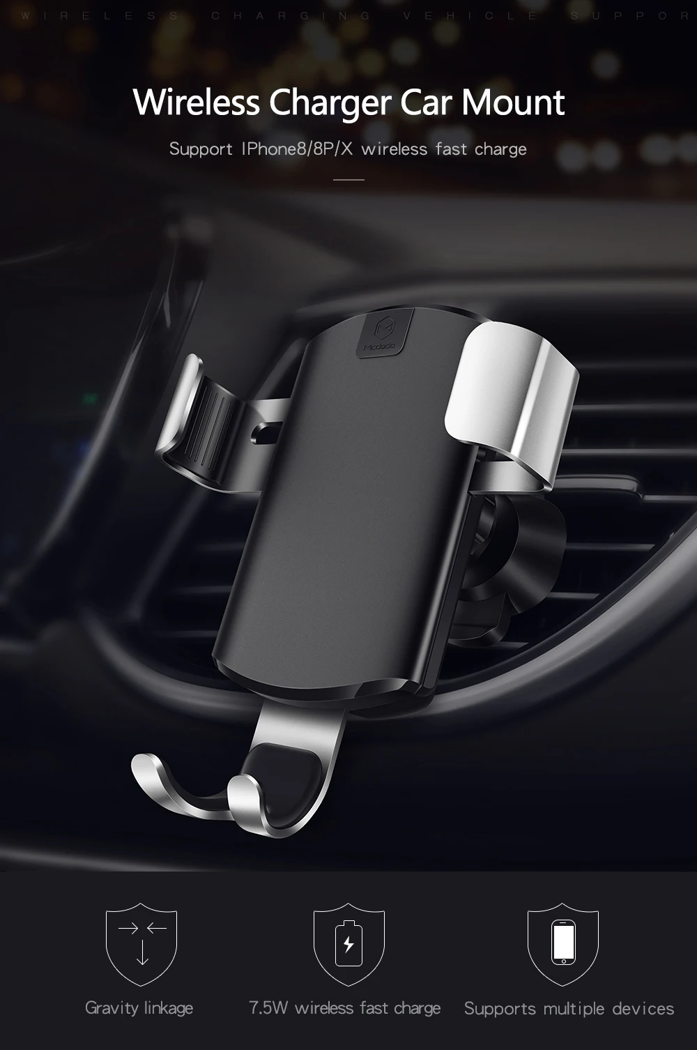 Mcdodo автомобильное беспроводное зарядное устройство Qi для iPhone XS Max держатель 10 Вт быстрая Беспроводная зарядка Вентиляционное крепление для автомобильного телефона зарядное устройство