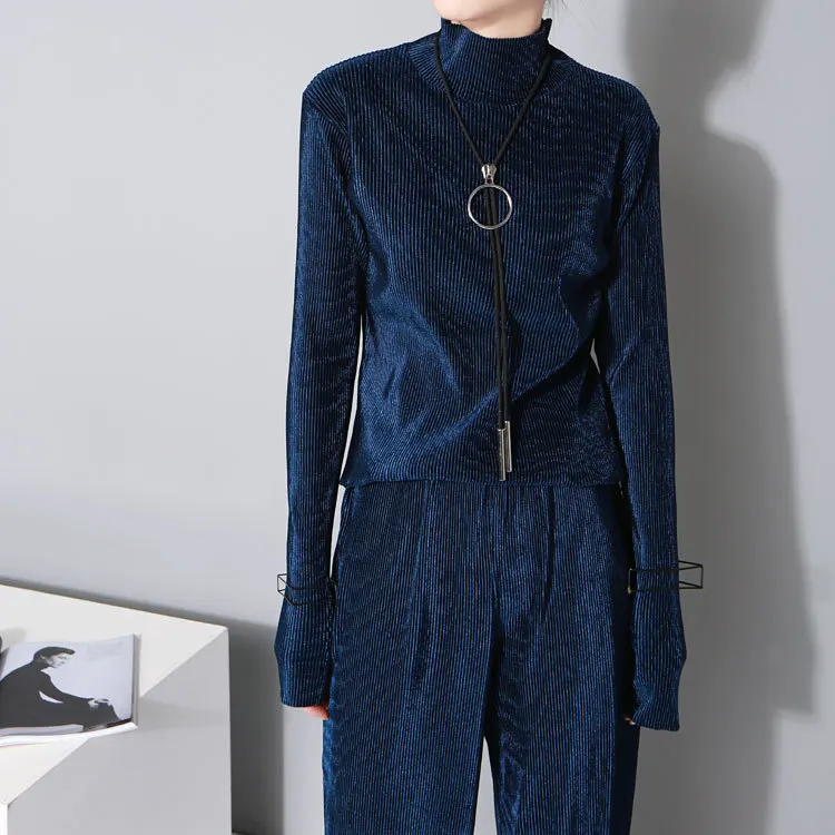 dark blue Новая весенняя футболка с высоким воротником и длинным рукавом, однотонная, синяя, велюровая, свободная, женская, модная, универсальная, E226 - Цвет: dark blue