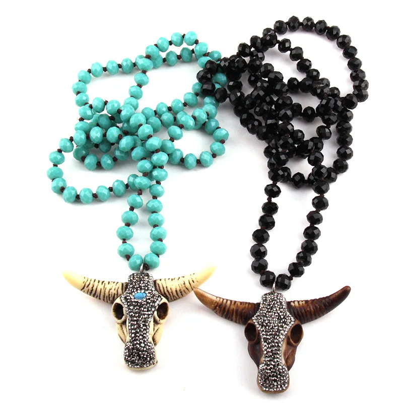 

Fashion Bohemian Tribal Jewelry 5X8 Glass Crystal Handmade Paved Bull Head Charm Necklace