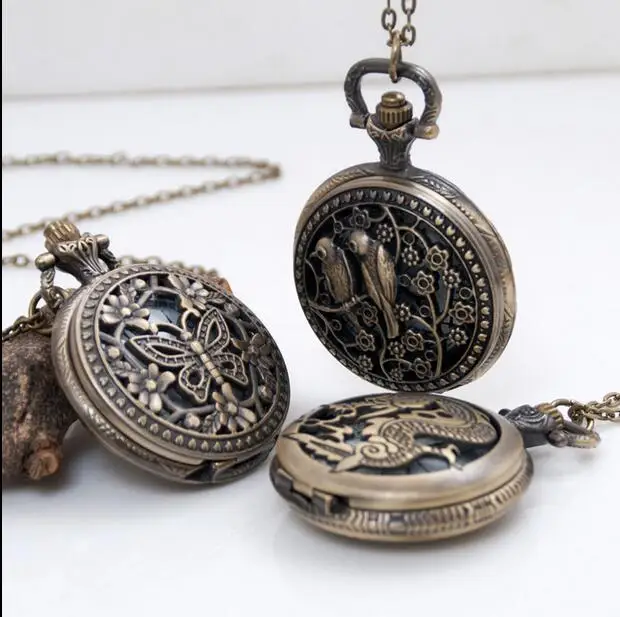 Vintage Bronze antiques butterfly bird Hollow quartz Modern hours woman Necklace pocket watches gift