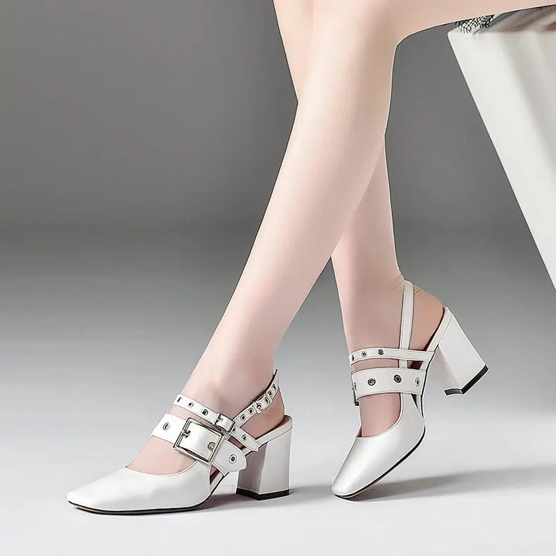 Women Genuine Leather Sandals Black White Stud Square toe Block High Heels Ankle Buckle Strap Platform Pumps Sandalias Mujers | Обувь