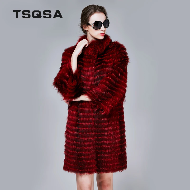 TSQSA натуральным Для женщин лисий мех пальто мода тонкий женский жакет средней