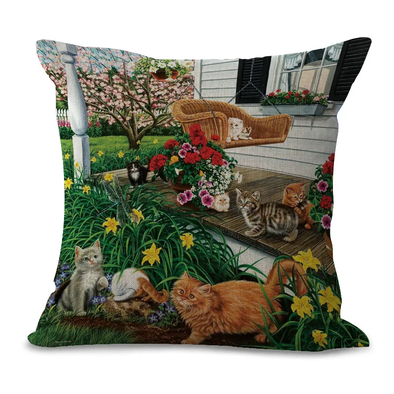 Декоративная Подушка Чехол с изображением цветов и котика живопись 17 5 дюймов