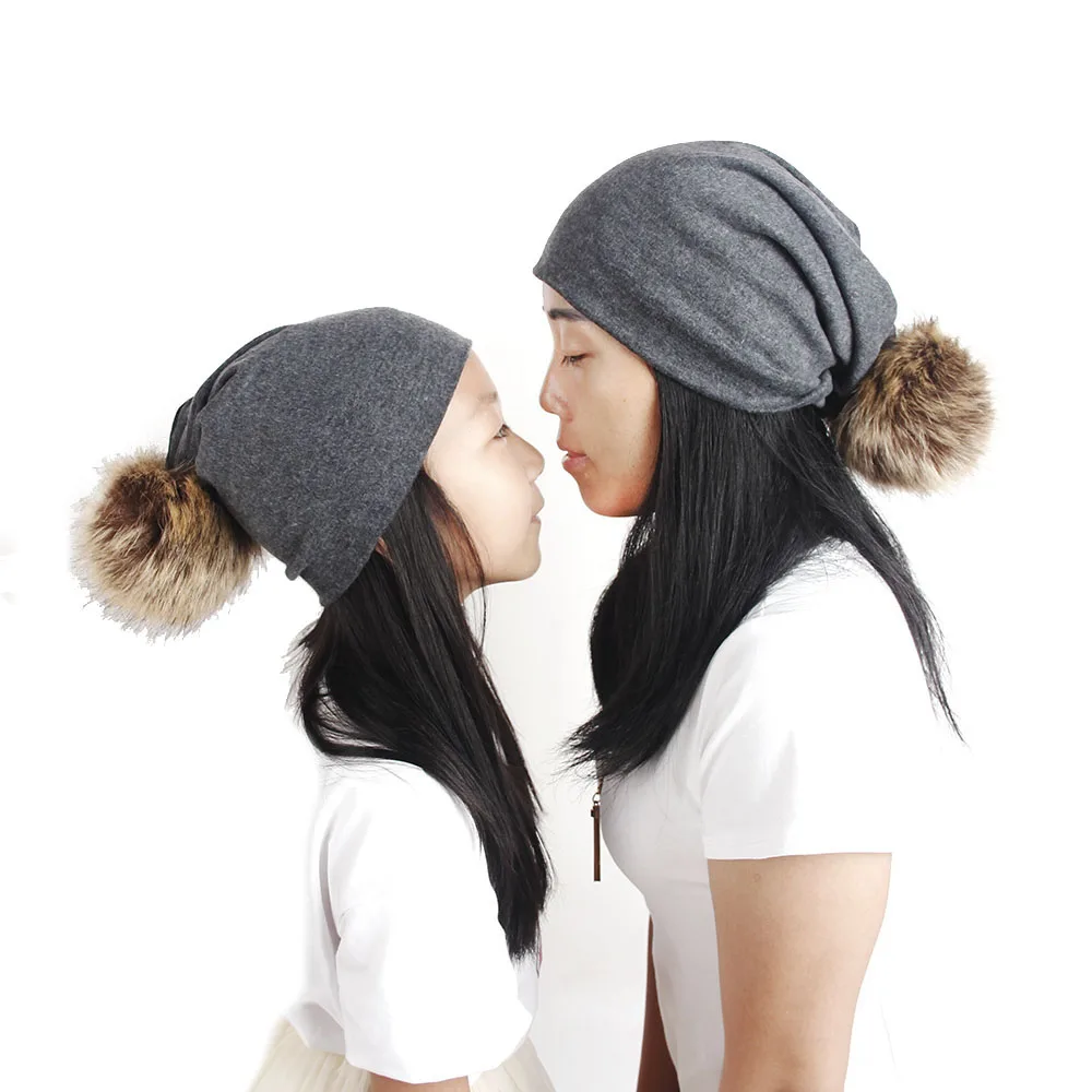 2 шт. Мама Дети зима осень Пом шапочки Hat теплая енота Мех животных шляпы для Для