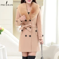 pinky is black 2022 autumn winter women wool coat double breasted button medium long ladies fur jackets and coats