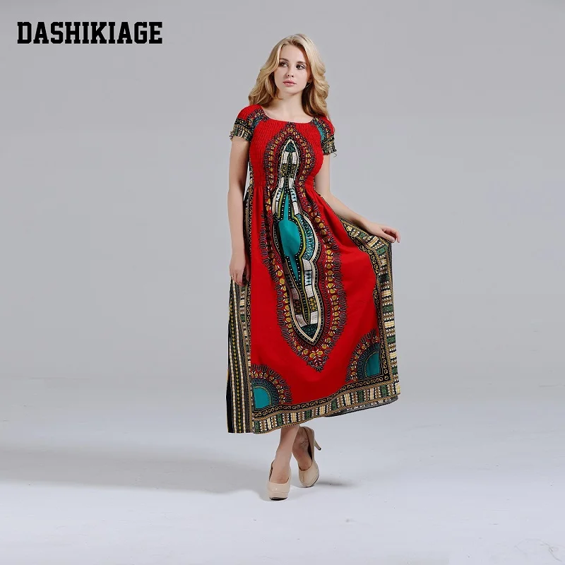 red Dashikiage хлопковое винтажное длинное платье Дашики с рукавом-лепестком и вырезом лодочкой, Платье макси с принтом в африканском стиле-два стиля ношения - Цвет: red