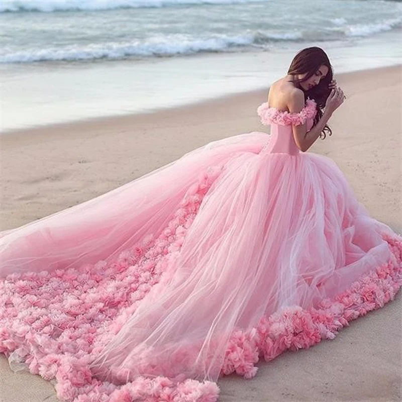 Ярко-розовое свадебное платье с цветами и открытыми плечами Robe De Mariage фатиновое
