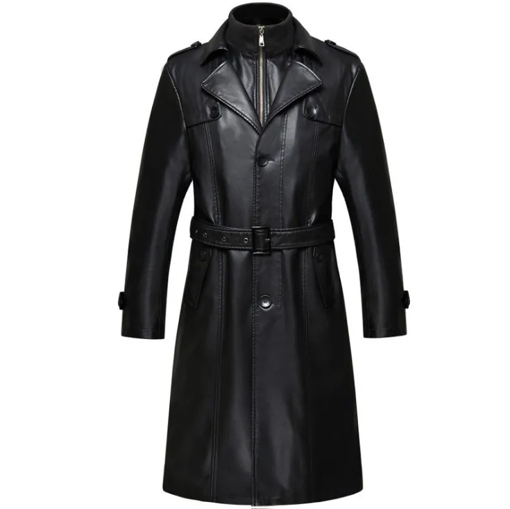 black long Черная длинная кожаная куртка для мужчин размера плюс 4Xl винтажная тонкая Длинная кожаная куртка с длинным рукавом модная Осенняя зимняя кожаная мужская Xl5099 - Цвет: black long