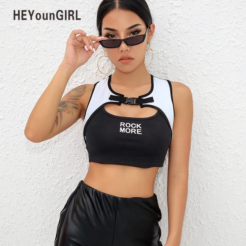 HEYounGIRL фитнес тренировки повседневное майка для женщин с буквенным принтом укороченный топ без рукавов топы корректирующие выдалбливают