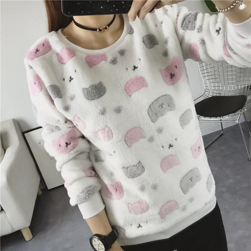 Cute Cat Print Harajuku Style Women Fleece Warm Pullovers Sweatshirts Winter Hoodies Long Sleeve Tops | Женская одежда