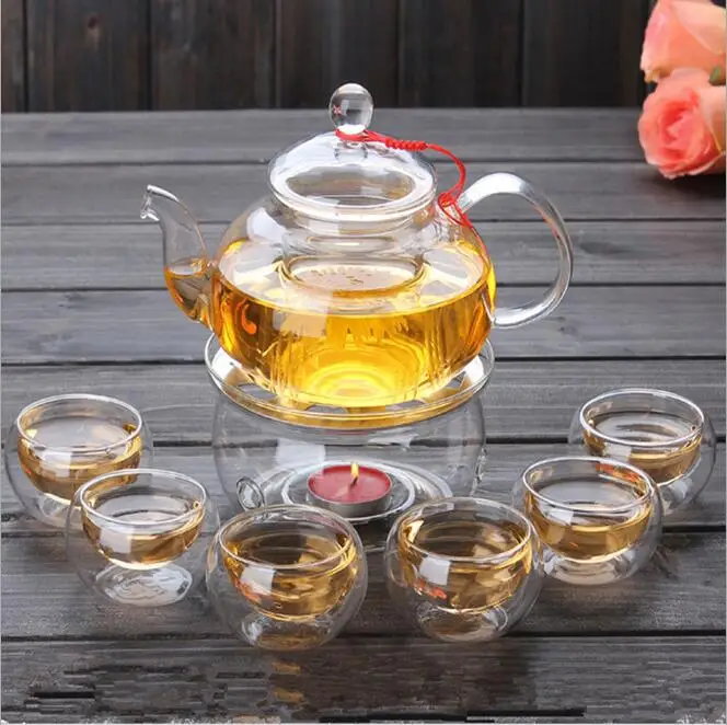 

1 комплект, набор для чая Gaiwan с 6 чашками, 600 мл, стеклянный чайник, горячий, с двойными стенками, сделано в Китае, чайник в подарок