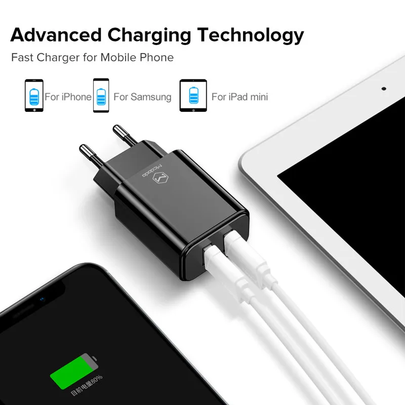 MCDODO, быстрое зарядное устройство для мобильного телефона с 2 портами USB для iPhone XS, samsung, портативное универсальное быстрое зарядное устройство USB, настенный адаптер для путешествий, EU