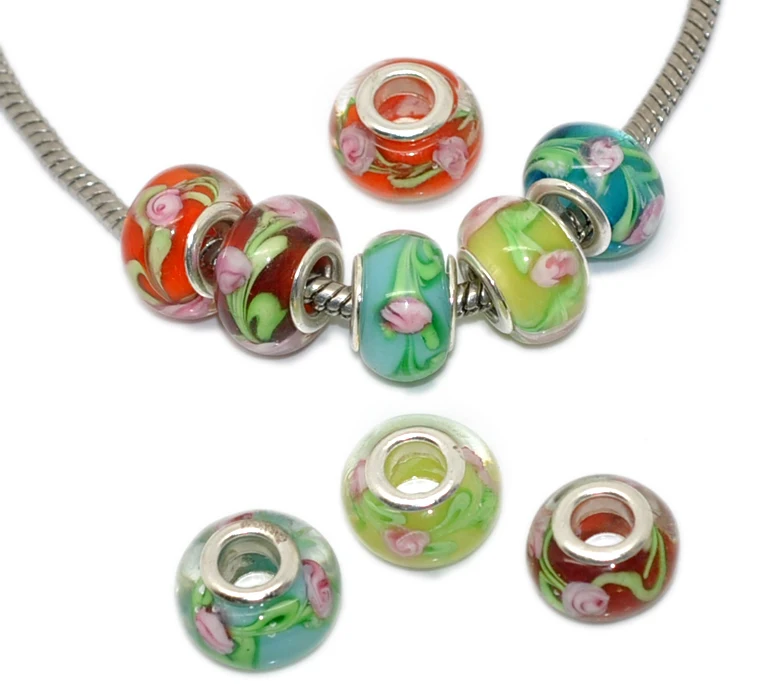 Круглые стеклянные шарики DoreenBeads в европейском стиле разноцветные с серебристым