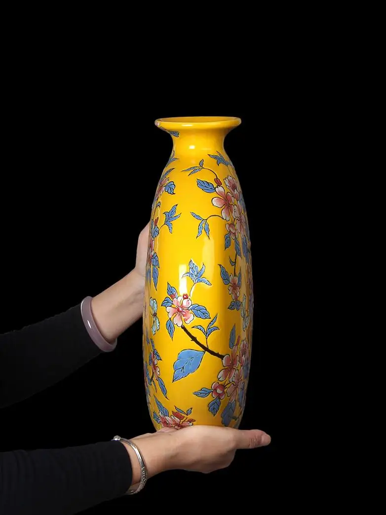 Новые китайские Классические Современные расписанные вручную керамические вазы с орнаментом плоские желтые вазы Цветочная композиция украшения ваза искусство дома