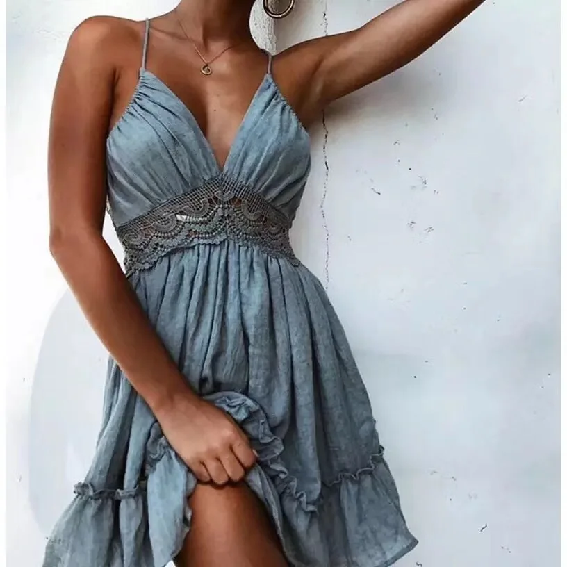 Женские пикантные пляжная одежда Stithing кружевное мини платье без спинки летние