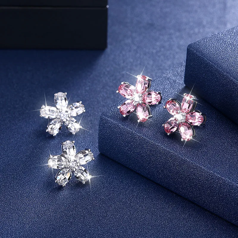 925 Silver Flower Stud Earrings Crystal From Swarovski Shining Ear Accessoires For Women Lovely Fine Jewlery Anniversary Party | Украшения
