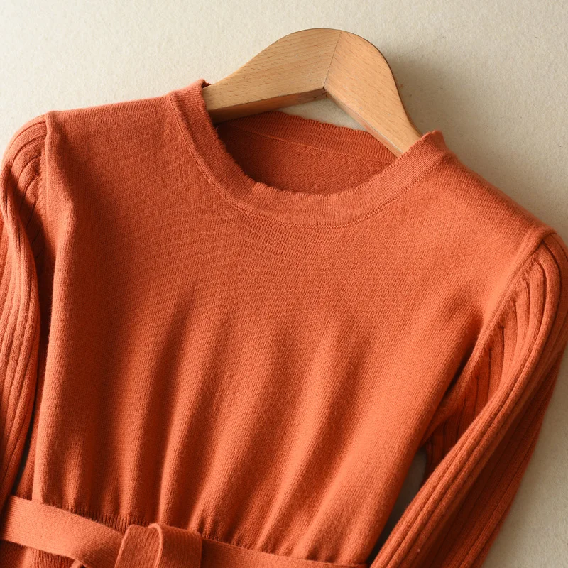 Мода 2017 г. О образным вырезом вязаный свитер с длинным рукавом шерстяное Платья