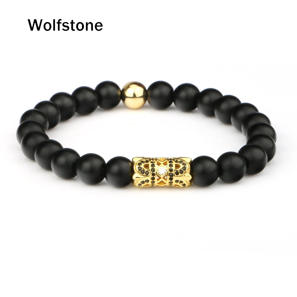 Wolfstone Мода Micro Pave CZ twin Корона 8 мм черный скраб оникс Бусины Браслет Fit Для мужчин