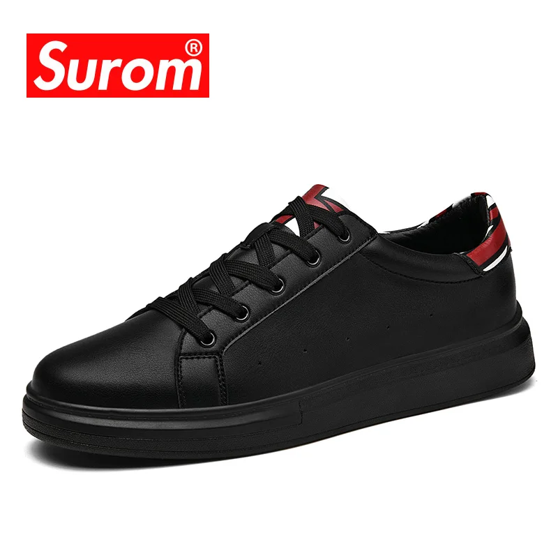 SUROM Male Shoes Adult Lace up Fashion Sneakers Artifical Leather Black White Color Men'sneakers Simple Design Men Krasovki | Обувь