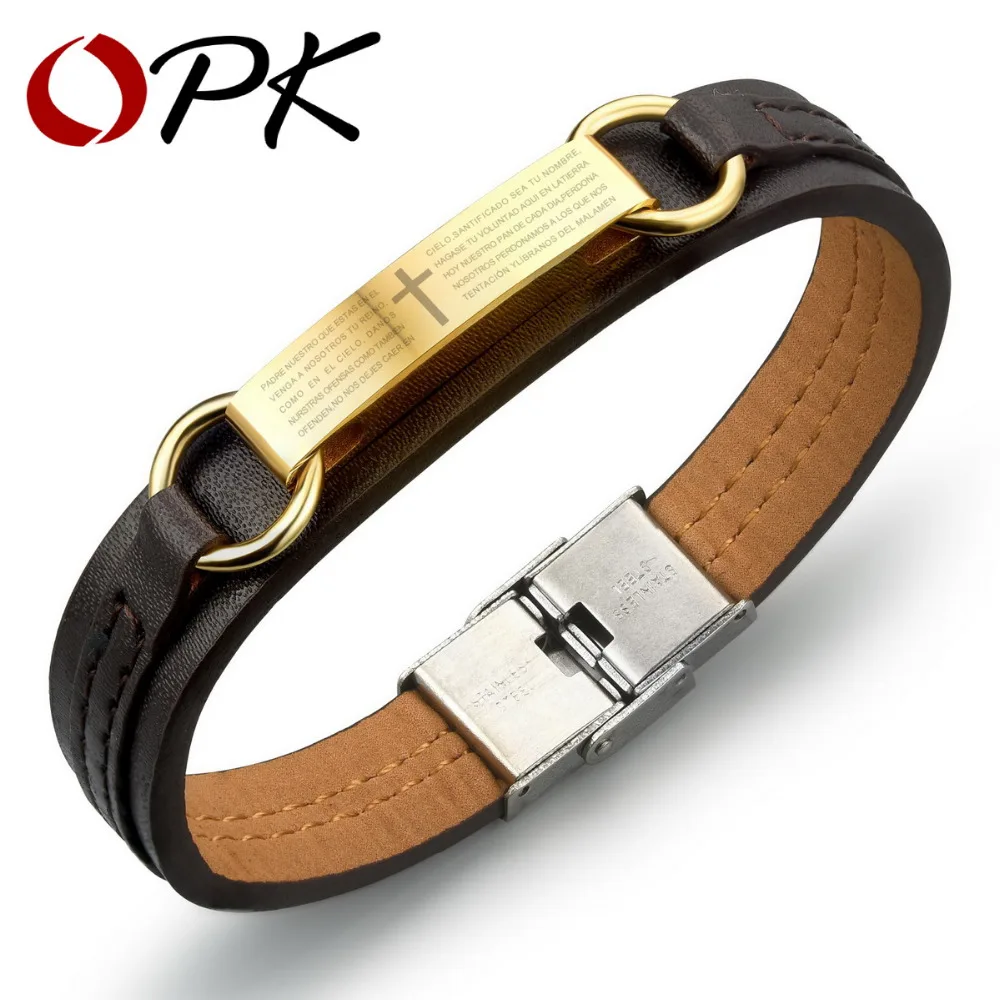 Мужской браслет OPK из искусственной кожи классический золотой нержавеющей стали