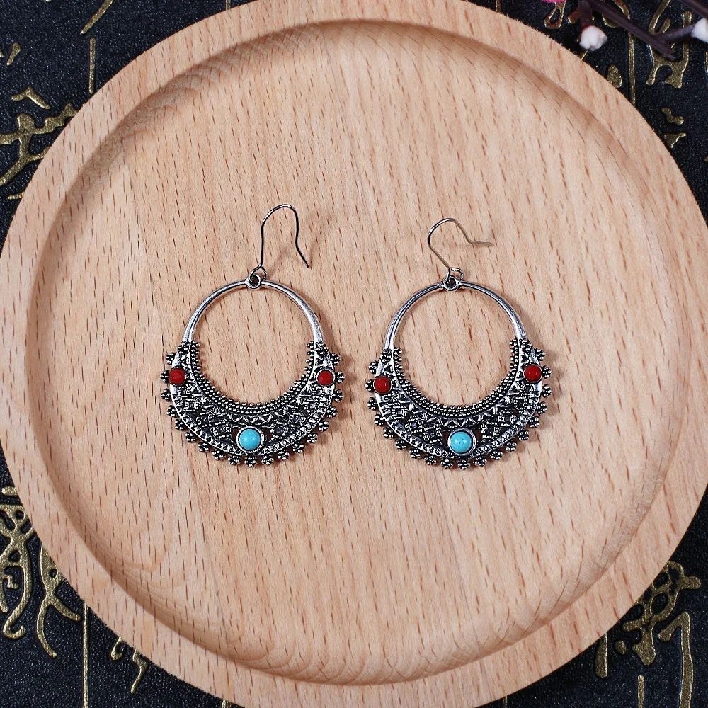 HC Vintage Silver Color Round Drop Statement Earrings Women Bohemian Enamel Flower Carved Antique Girl Boho F | Украшения и
