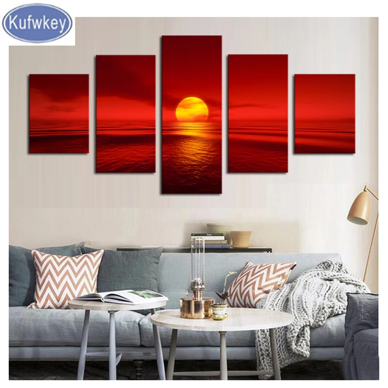 5d diy diamond painting 5 pieces Sunset Red Sun Sea Natural Landscape Painting rhinestones embroidery mosaic art decor | Дом и сад