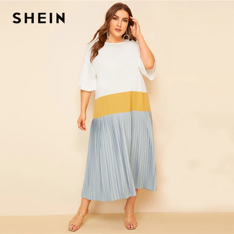 SHEIN, разноцветное плиссированное платье с открытыми плечами размера плюс,, женское летнее Повседневное платье-туника с рукавом до локтя