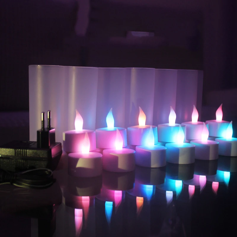 12 pieces Flickering Color changing bougie electrique,Battery velas recargables,red blue yellow oplaadbare led kaarsen