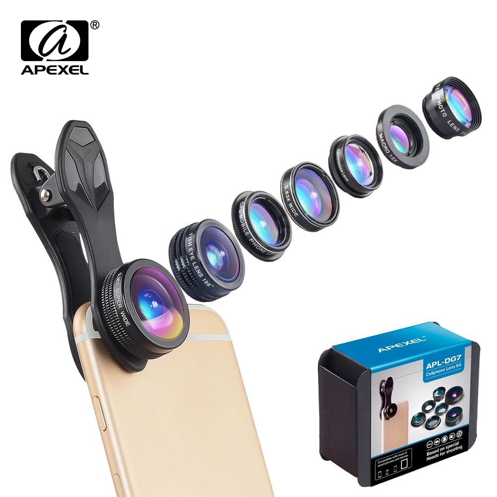 APEXEL 7в1 широкоугольный объектив для iPhone samsung Xiaomi S7 S8 S9 телефон камера объектив Комплект рыбий глаз/макро объектив круговой поляризационный фильтр калейдоскоп