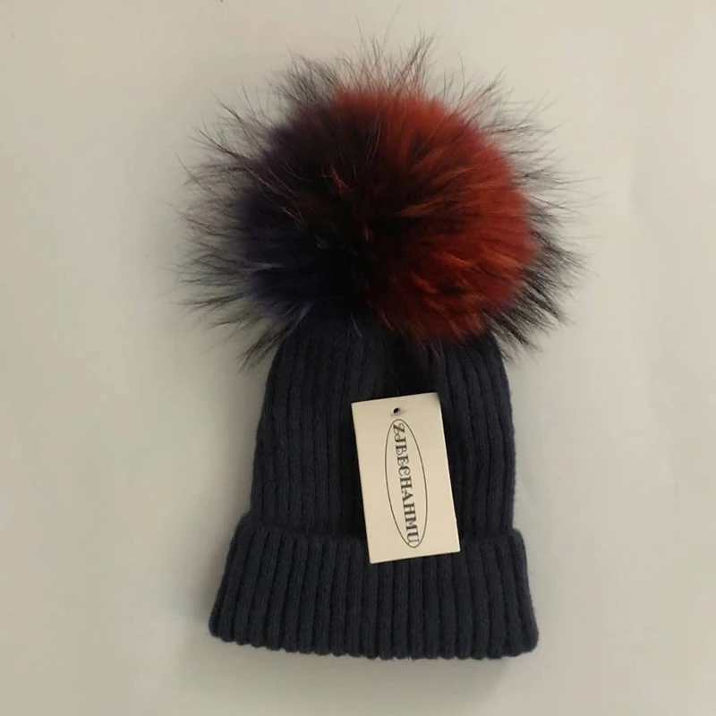 Children Nary Blue Повседневные помпоны из натурального Лисьего меха и норки, 15 см, Skullies Beanies, шапки для женщин и девушек, зимние шерстяные теплые шапки Skullies Beanies, шапки, Новые шапки - Color: Children Nary Blue