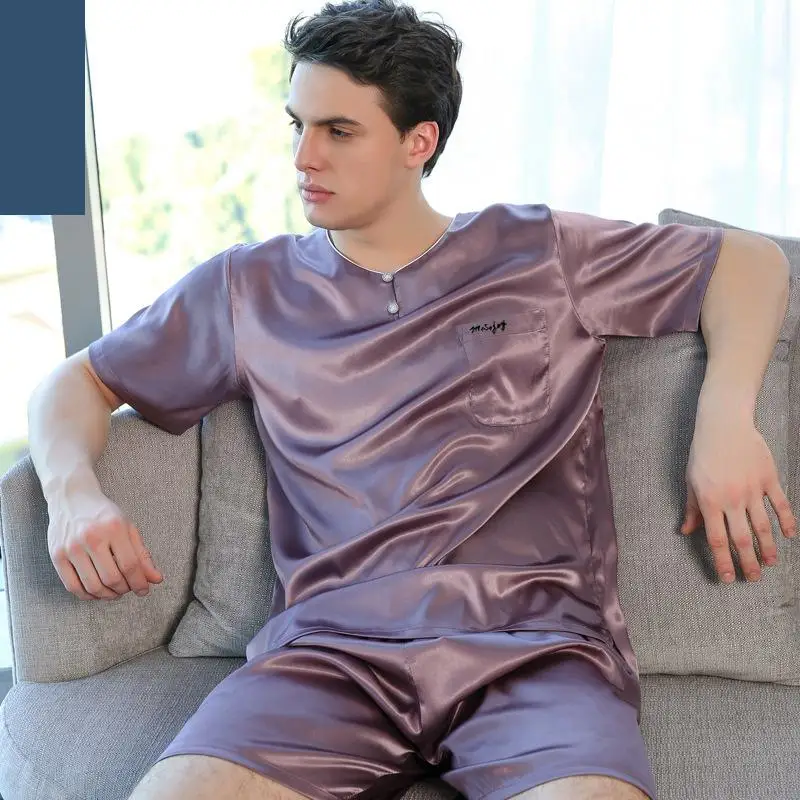 O Neck Summer Pijamas Men Three Quarter Sleeve Sexy Pajamas For Men Silk Pajama Suit Silk Men Pijama Sleep Clothes Man 21017