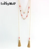 longway brand antique double layer natural stone crystal beads gold color chain tassel necklaces women jewelry sne160101103
