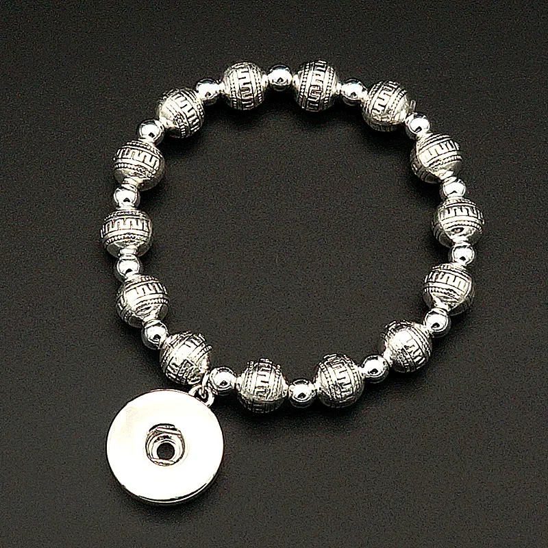 Модный очаровательный браслет с подсеребренными узорными бусинами, эластичный для кнопок 18 мм, ювелирное оптовое изделие AB0057.