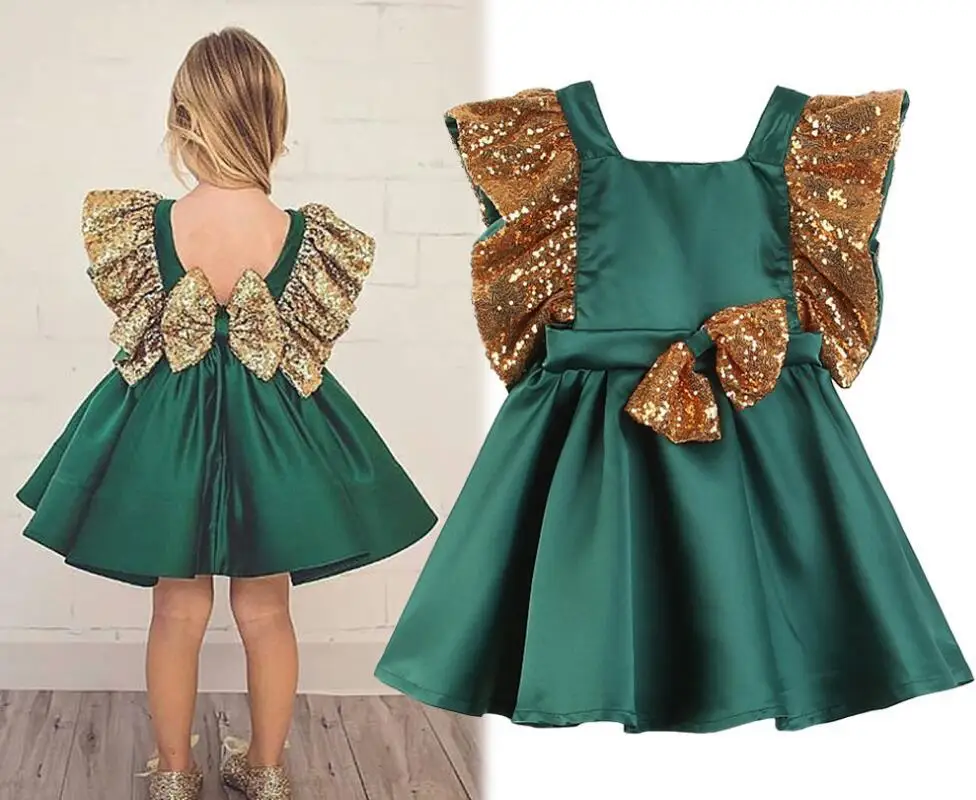 New Xmas Kid Girl Green Dress Sequin Bowknot Ruffle Baby Girls Party Christmas Toddler Wedding Princess Formal | Детская одежда и