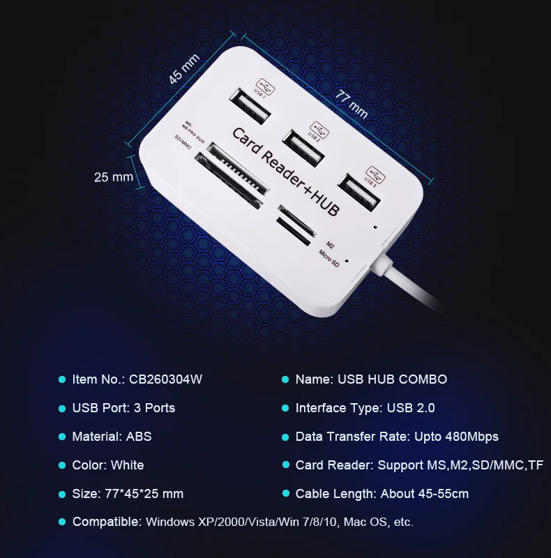 Мини-кардридер USB концентратор Combo 2,0 высокоскоростной Мульти USB 2,0 концентратор USB разветвитель портативный все в одном для SD/MMC/M2/MS Pro Duo