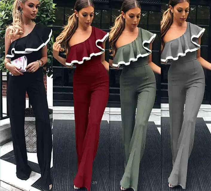 Women Jumpsuits Ruffles Overalls Summer Casual Sexy Slim One Shoulder Long Playsuits Rompers Flare Long Pants