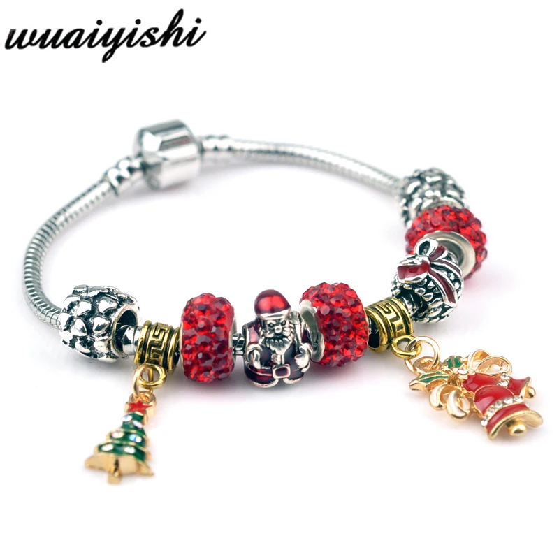 

Christmas red color European Style Vintage Silver plated Crystal Charm Bracelet Women fit Original DIY Brand Bracelet Jewelry