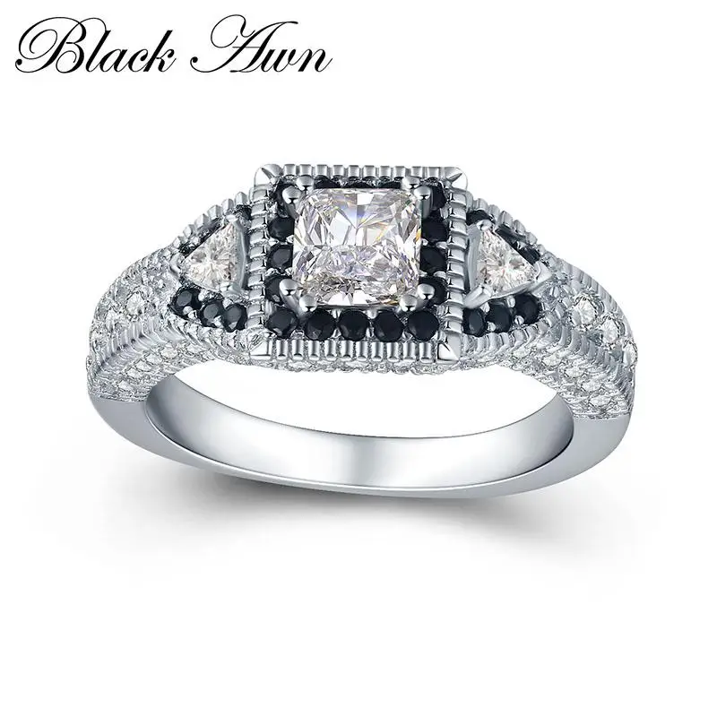 BLACK AWN 2020 New 100% 925 Sterling Silver Jewelry Trendy Engagement Rings for Women Black&White Stone Wedding Ring C412